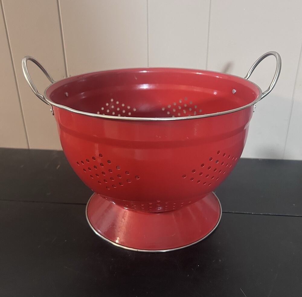 Vintage Red Enamel Colander Strainer Footed Pedestal Retro